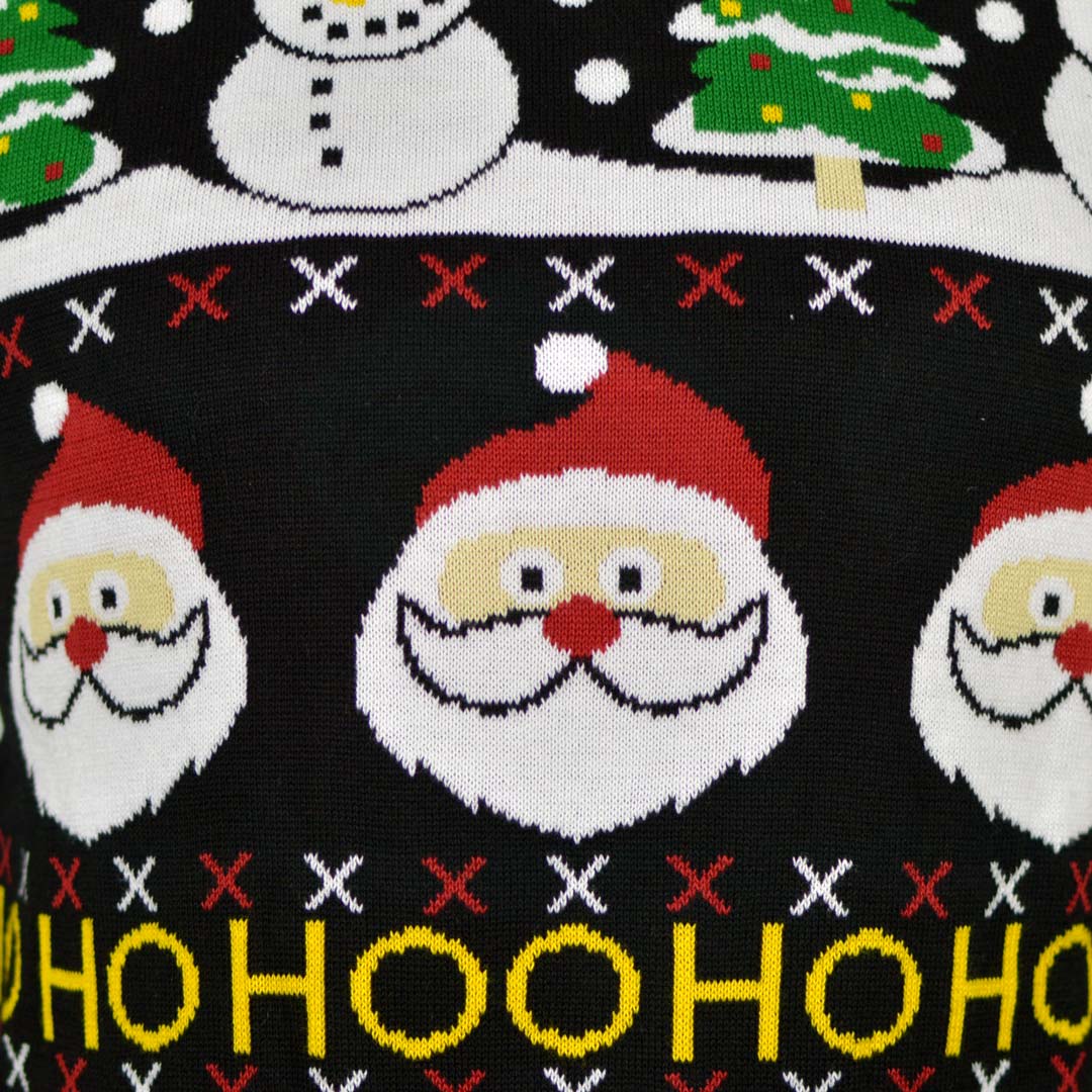 Organic Cotton Couple's Ugly Christmas Sweater with Santa, Gifts and Snowmens detail