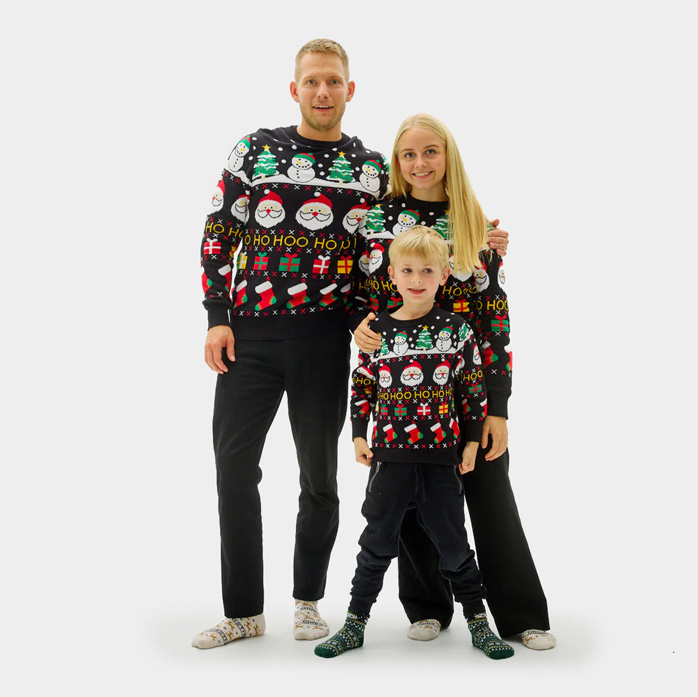 Organic Cotton Family Ugly Christmas Sweater with Santa, Gifts and Snowmens