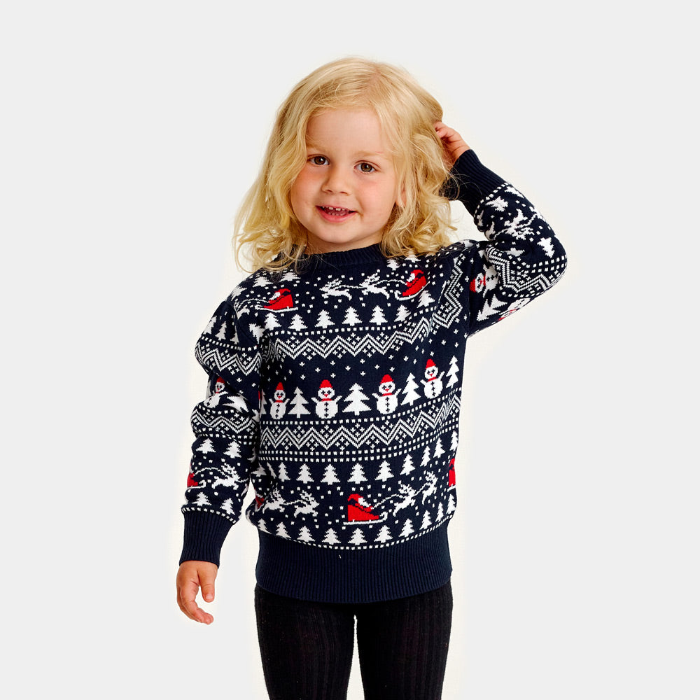 Girls Organic Cotton Family Ugly Christmas Sweater with Trees, Snowmens and Santa