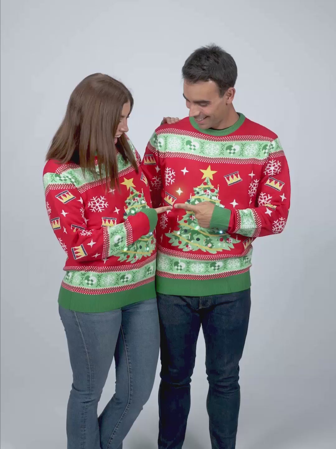 Red LED light-up Womens and Mens Ugly Christmas Sweater with Christmas Tree