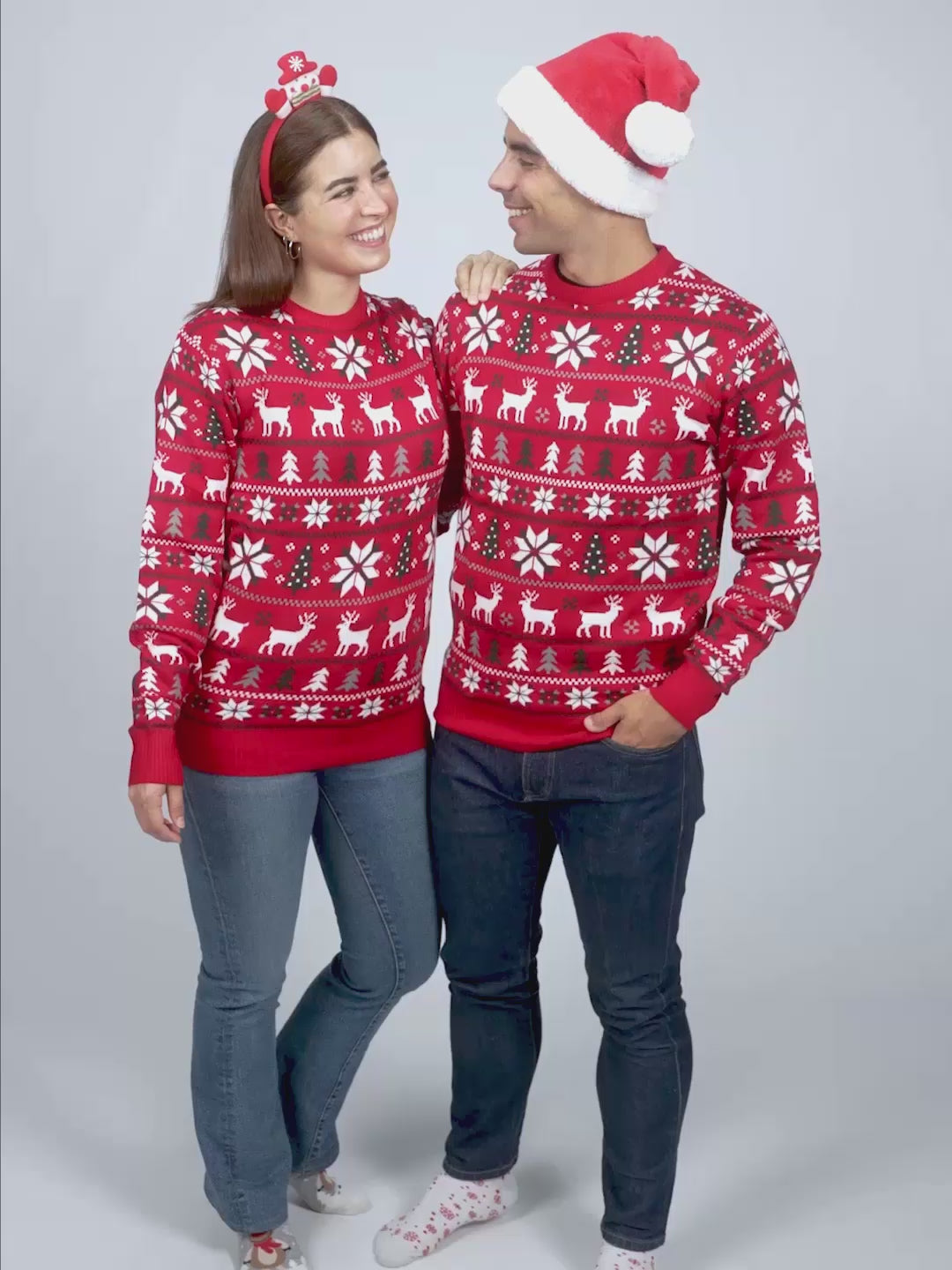 Red Womens and Mens Ugly Christmas Sweater with Reindeers, Trees and Polar Star
