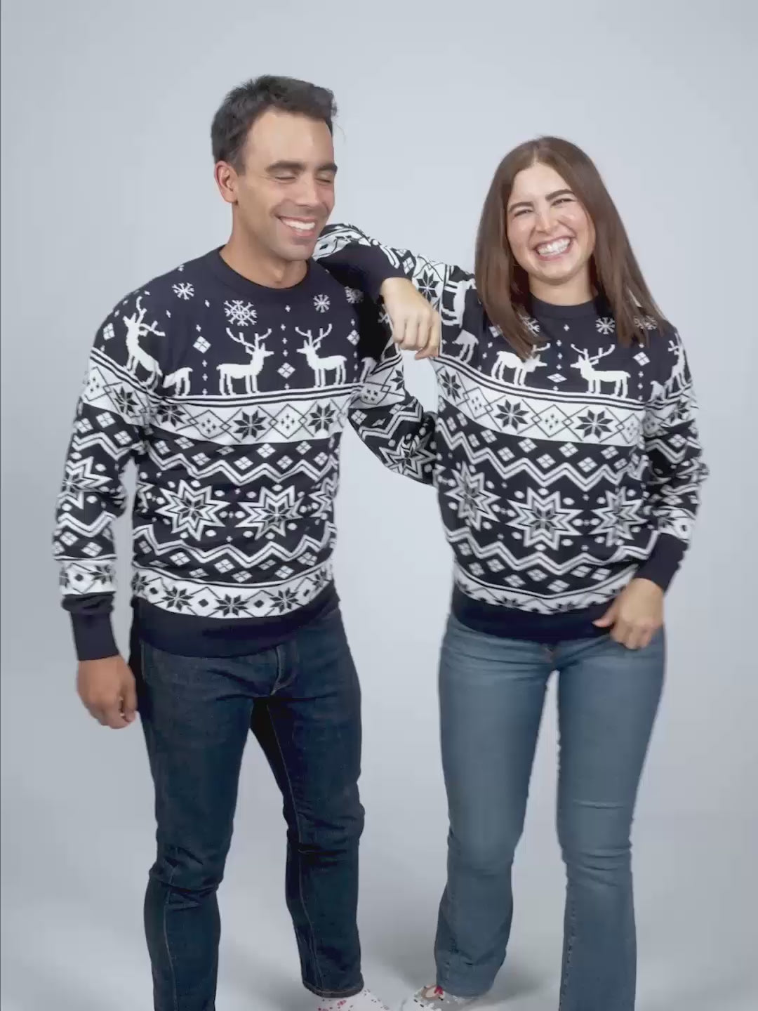 Blue Womens and Mens Ugly Christmas Sweater with Reindeers and Nordic Stars