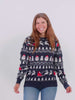 Mens Womens Blue Organic Cotton Ugly Christmas Sweater with Trees, Snowmen and Santa