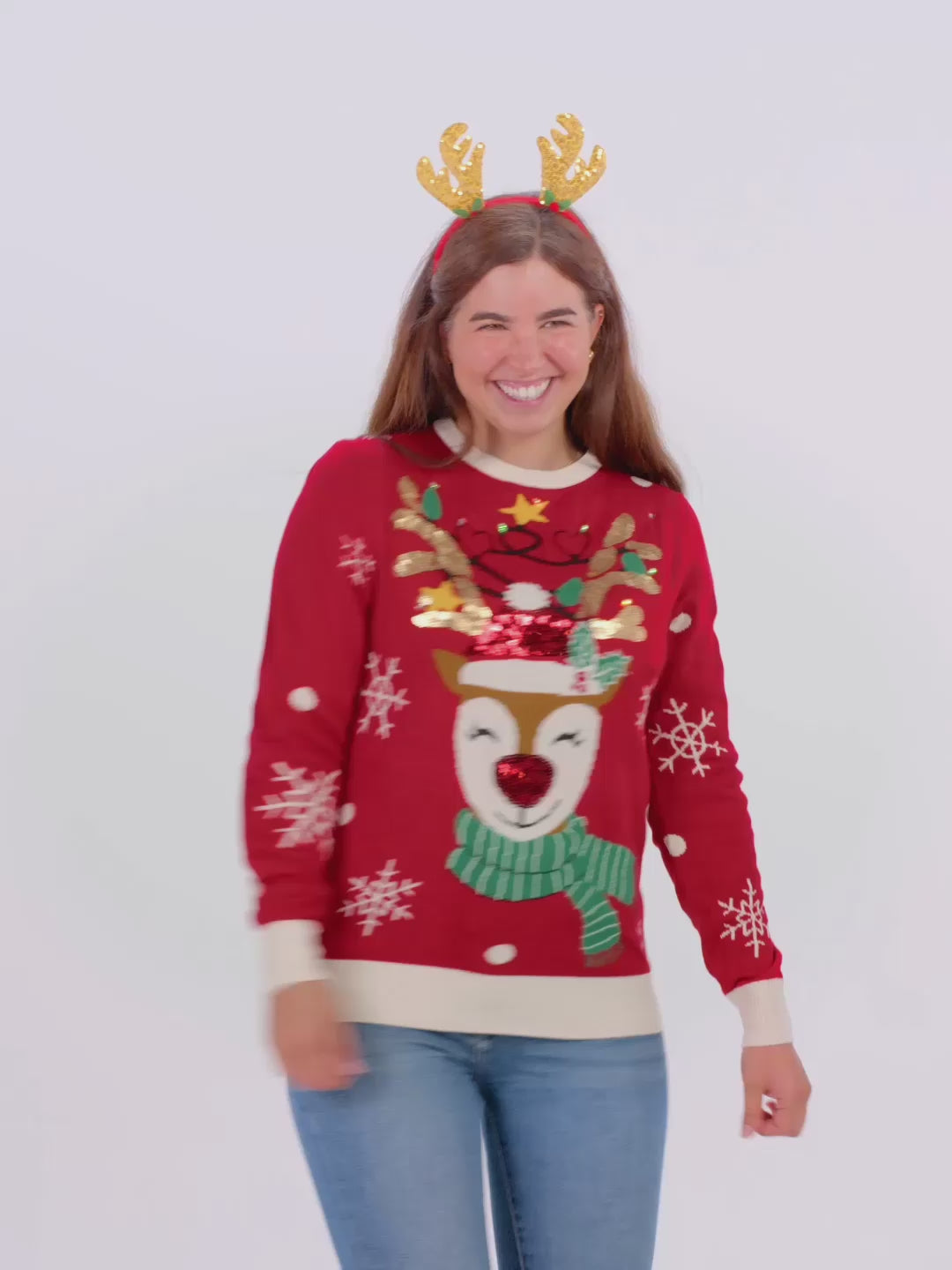LED light-up Womens and Mens Ugly Christmas Sweater Sparkling Sequin Reindeer