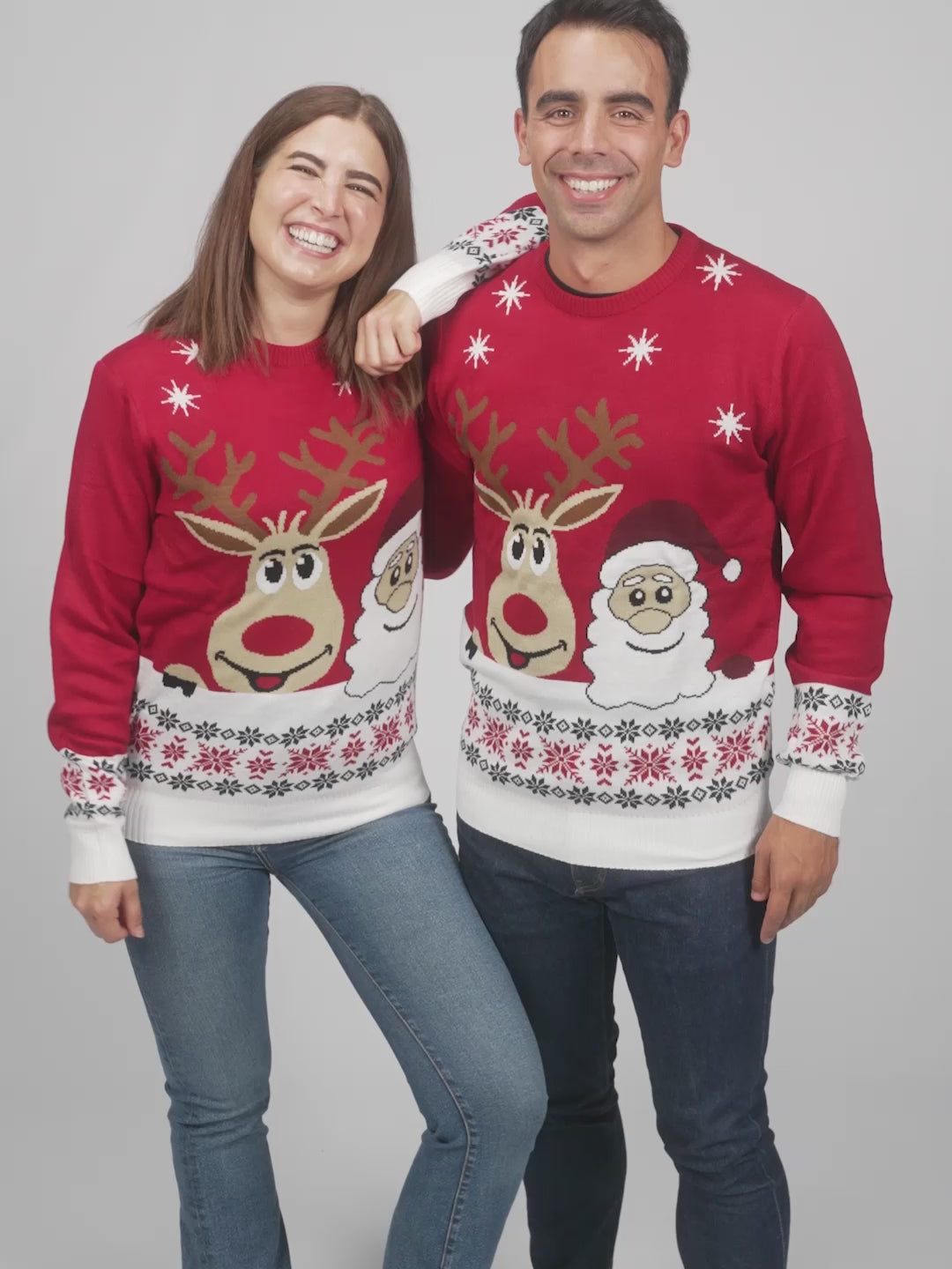 Couples Ugly Christmas Sweater with Santa and Rudolph Smiling Ugly Christmas Sweaters