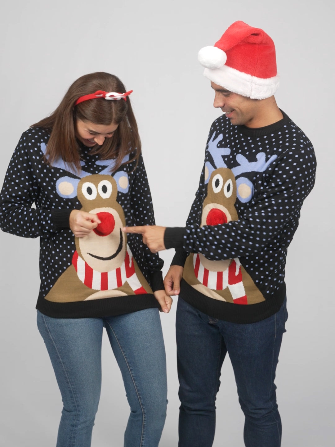 Blue 3D Womens and Mens Ugly Christmas Sweater Reindeer with Red Nosed