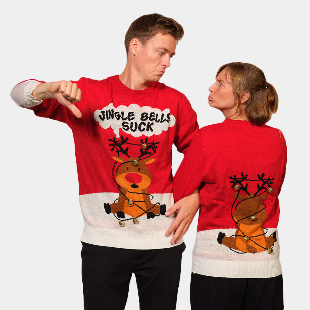 Red 3D Jingle Bells Suck Couple's Ugly Christmas Sweater