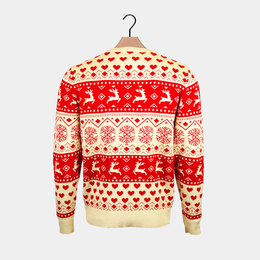 Red Beige Organic Cotton Mens Ugly Christmas Sweater Hearts Back
