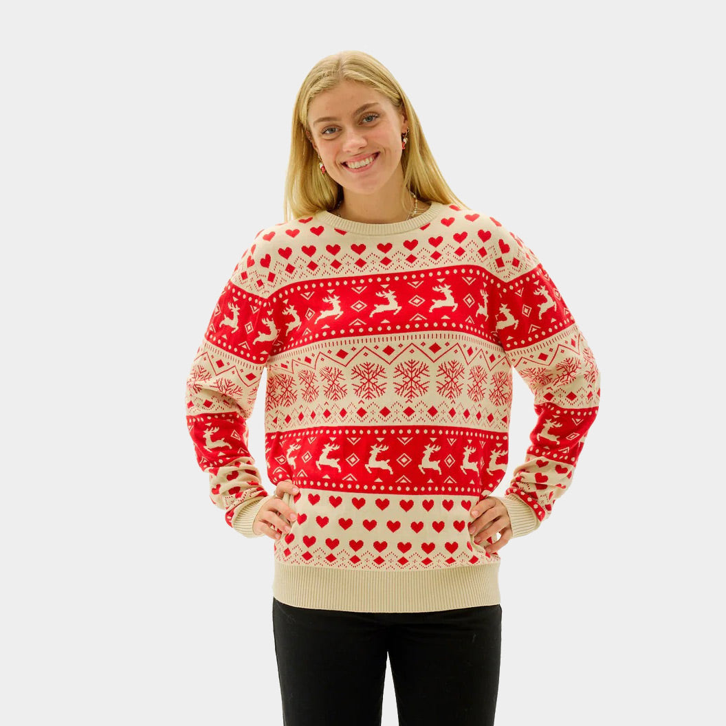 Red Beige Organic Cotton Mens Womens Ugly Christmas Sweater Hearts