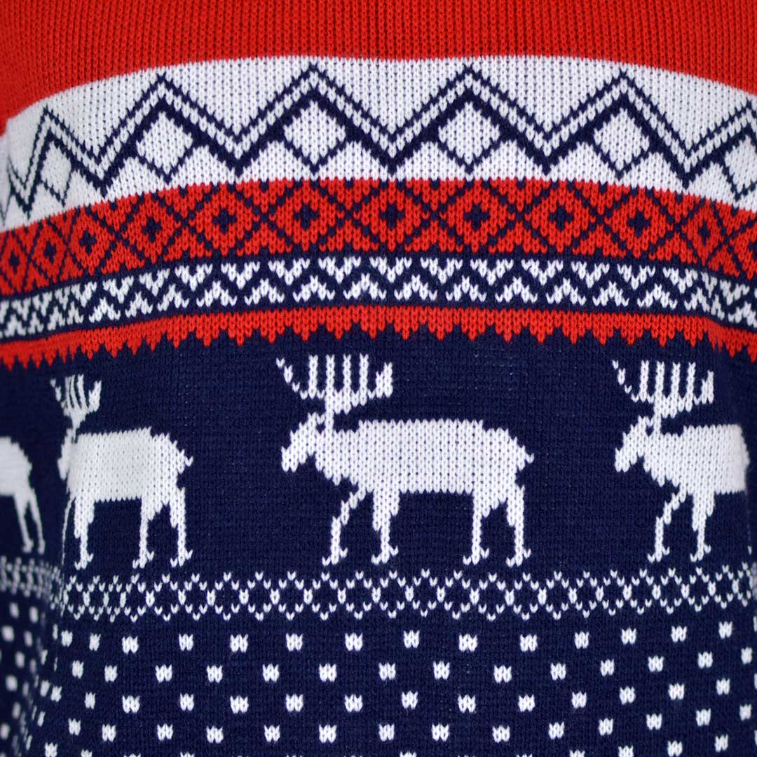 detail Red and Blue Couple's Ugly Christmas Sweater with Reindeers