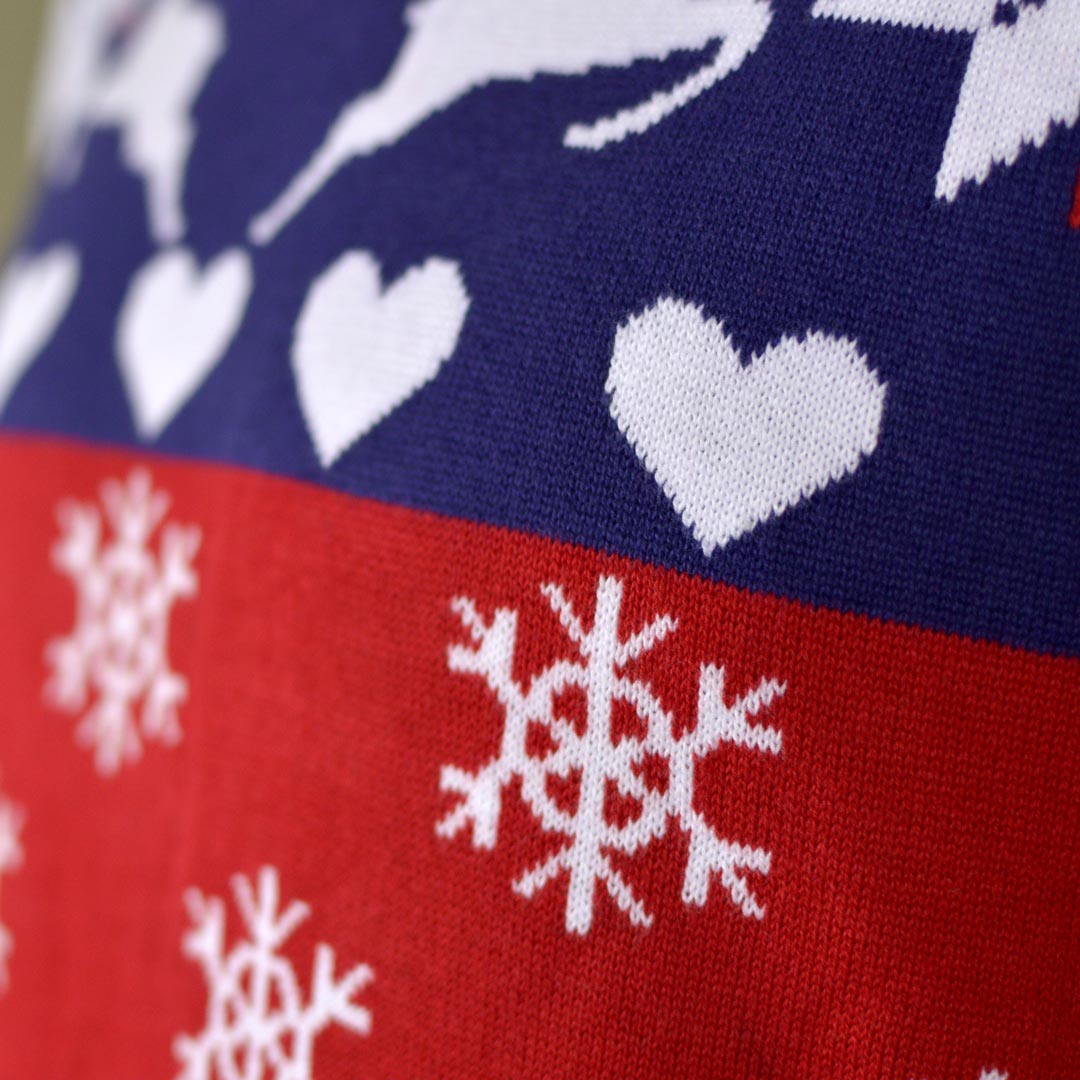 detail Red and Blue Couple's Ugly Christmas Sweater with Reindeers and Hearts