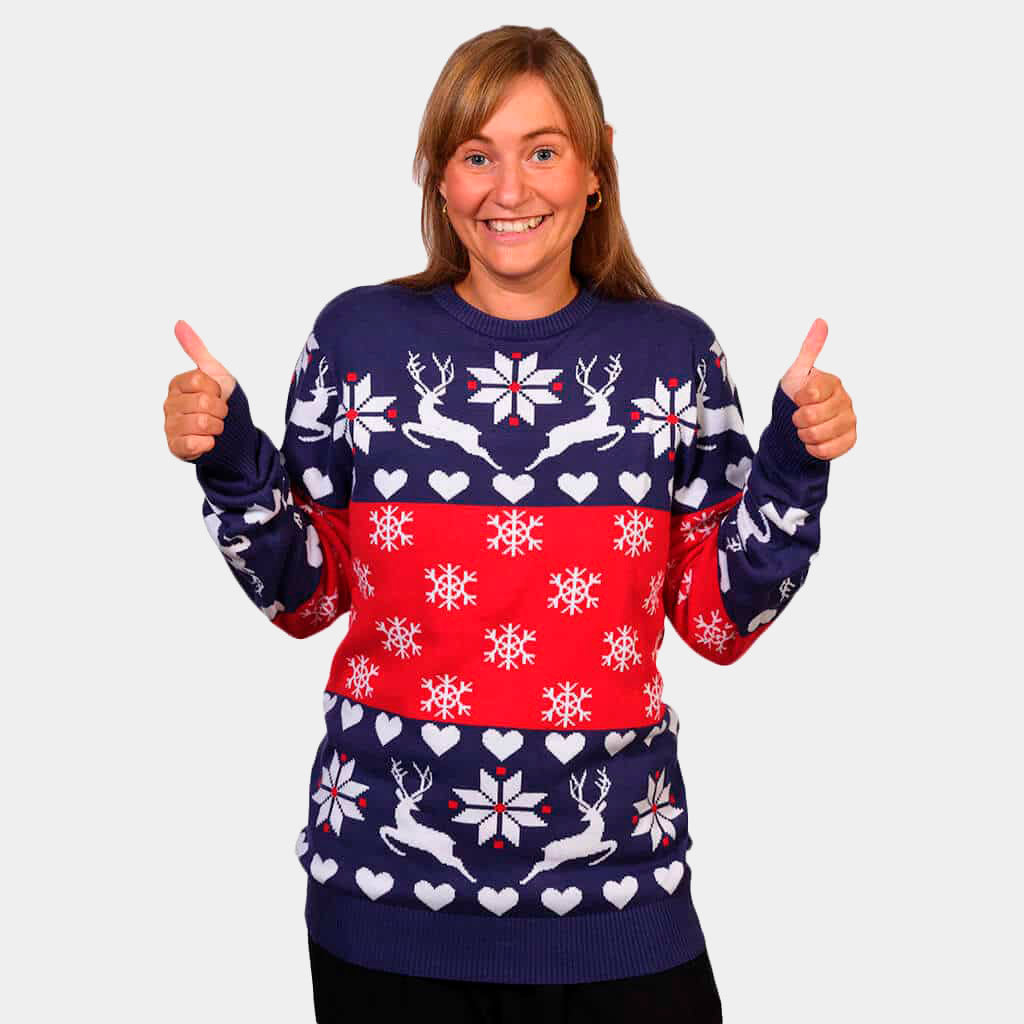 Red and Blue Couple's Ugly Christmas Sweater with Reindeers and Hearts womens