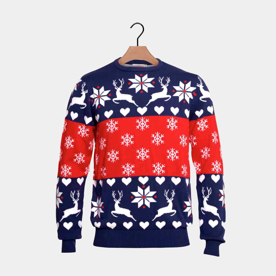 Red and Blue Couple's Ugly Christmas Sweater with Reindeers and Hearts
