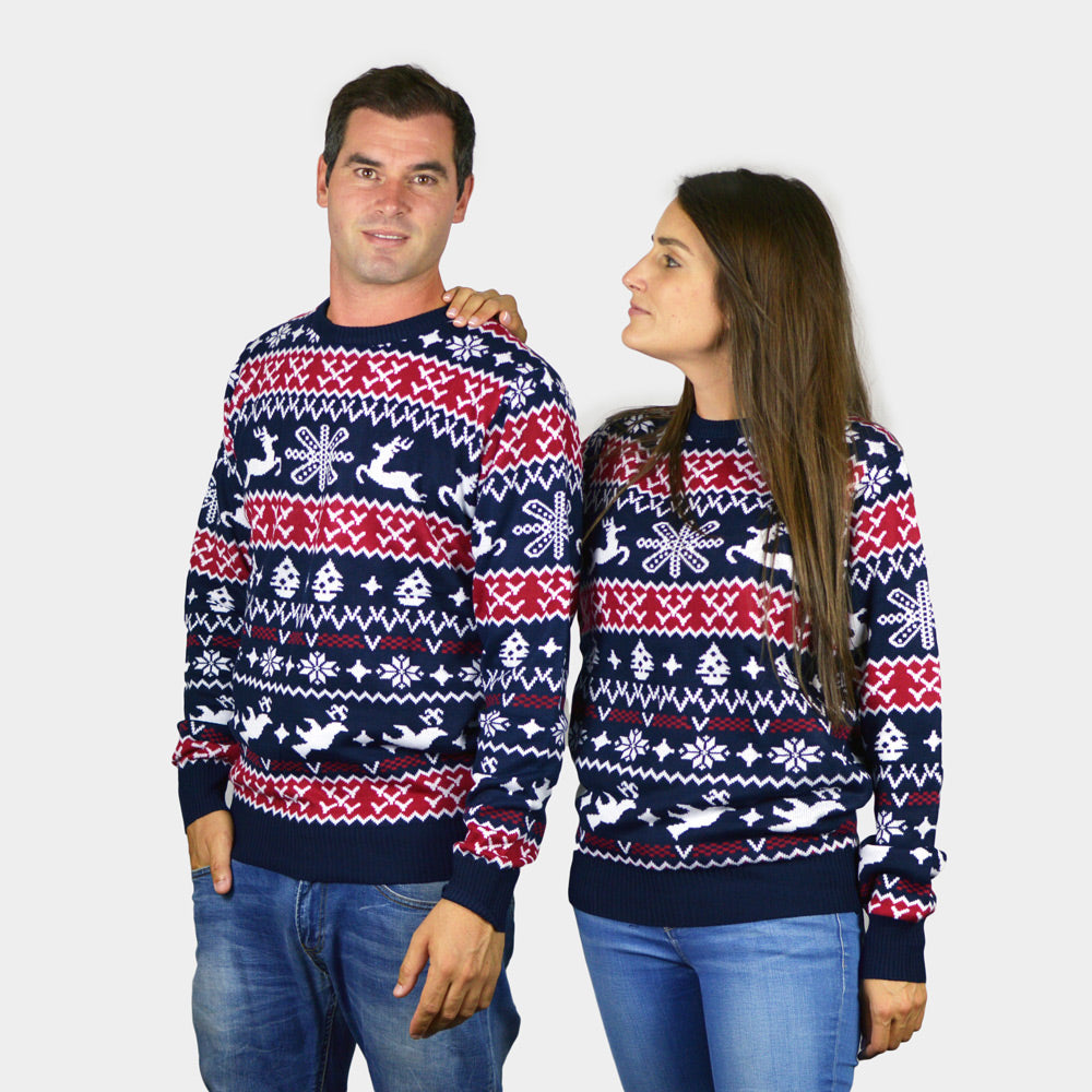 Red and Blue Strips Couple's Ugly Christmas Sweater