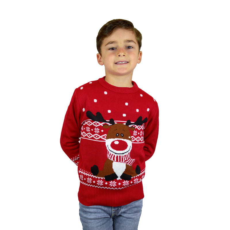 Red Boys Ugly Christmas Sweater with Rudolph the Happy Reindeer