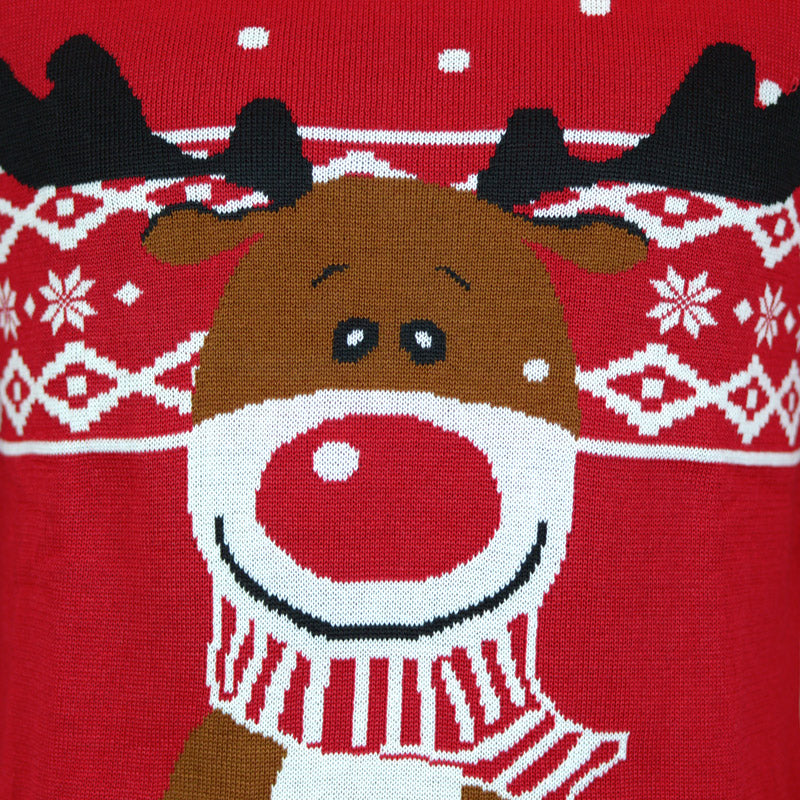 Red Boys and Girls Ugly Christmas Sweater with Rudolph the Happy Reindeer detail