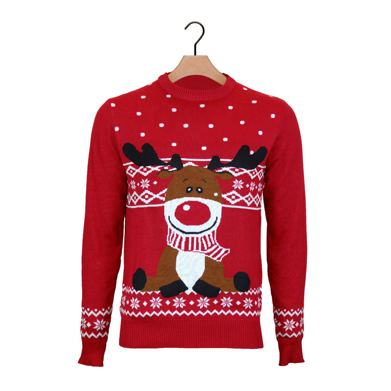 Red Boys and Girls Ugly Christmas Sweater with Rudolph the Happy Reindeer