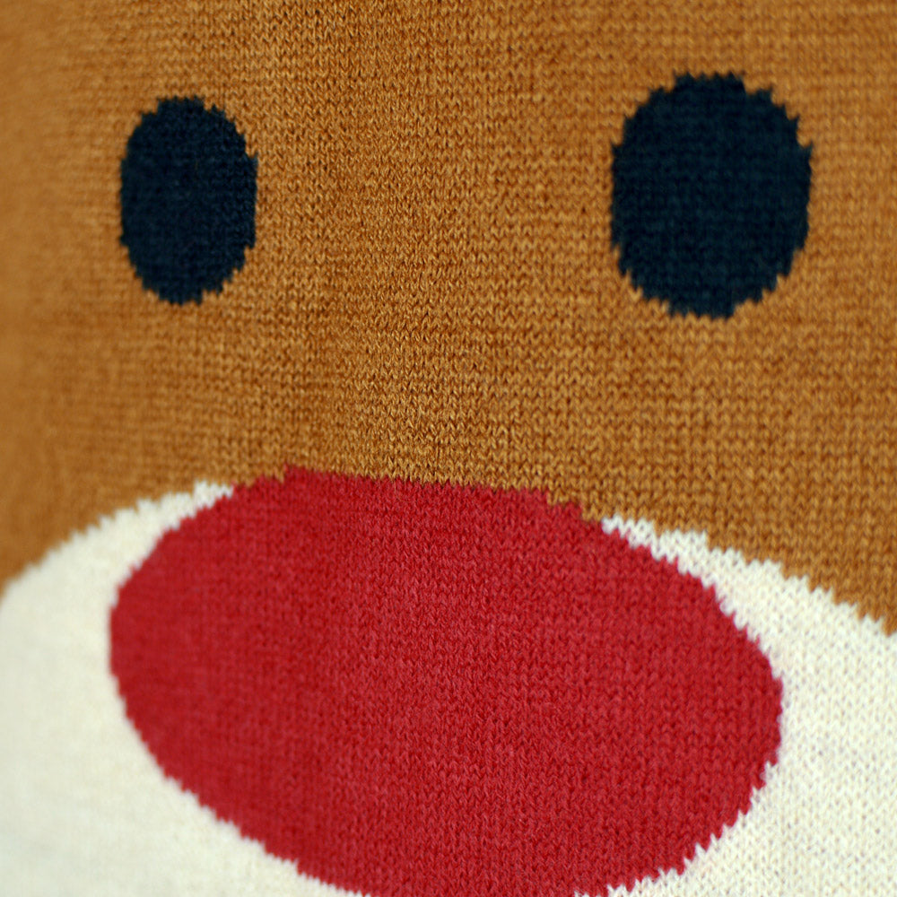 detail Red Boys and Girls Ugly Christmas Sweater with Rudolph the Reindeer