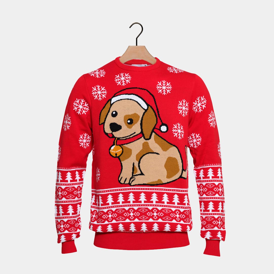 Red Couple's Ugly Christmas Sweater with Puppy