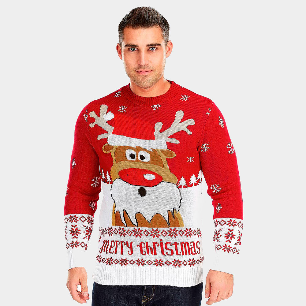 Mens Red Couple's Ugly Christmas Sweater with Reindeer