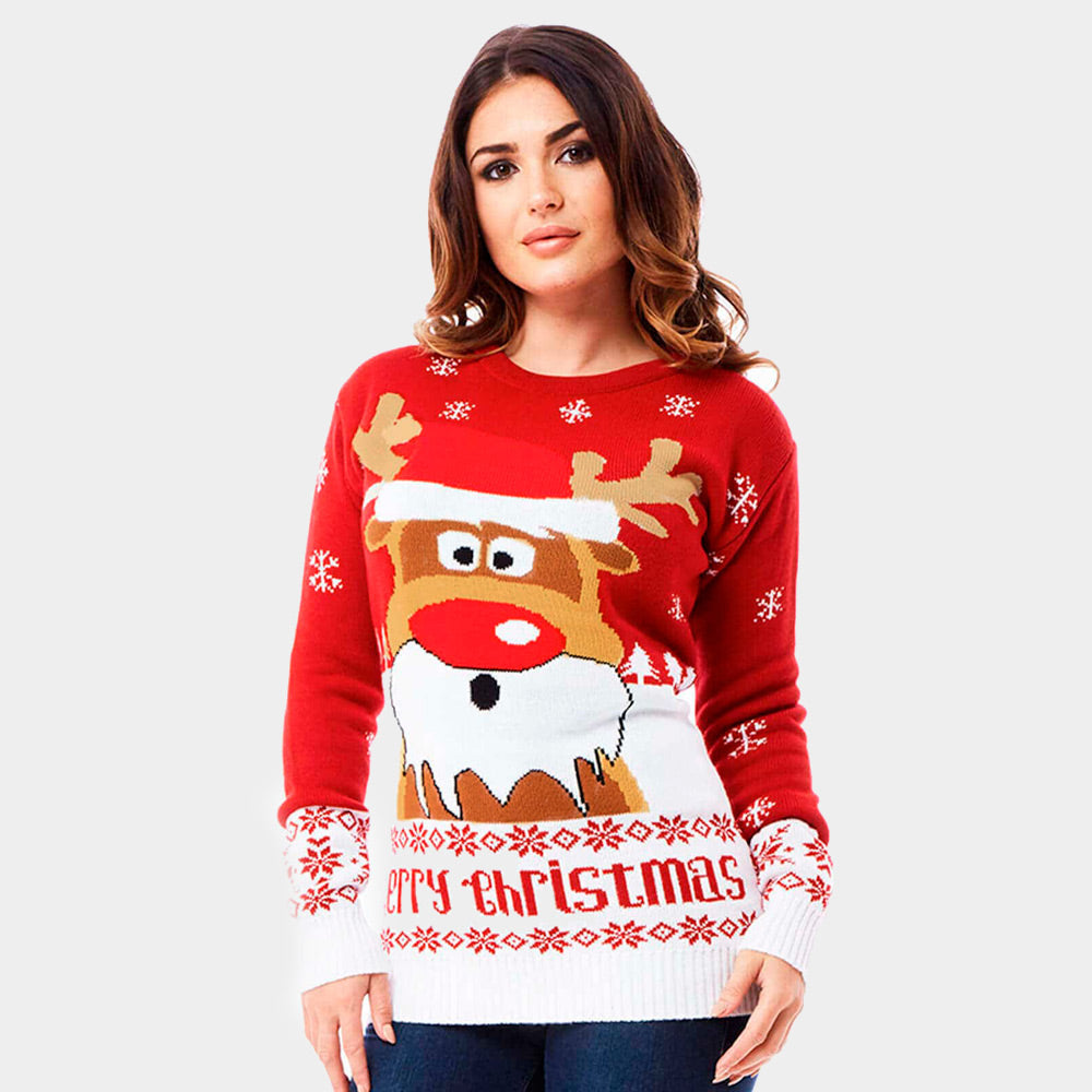 Womens Red Couple's Ugly Christmas Sweater with Reindeer