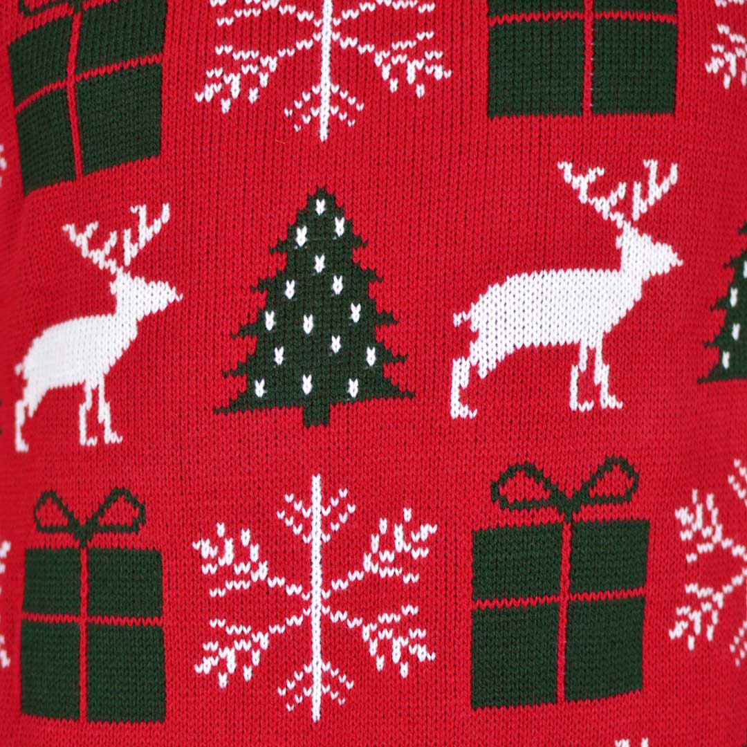 detail Red Couple's Ugly Christmas Sweater with Reindeers, Gifts and Trees