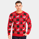 mens Red Couple's Ugly Christmas Sweater with Reindeers, Gifts and Trees