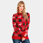 Womens Red Couple's Ugly Christmas Sweater with Reindeers, Gifts and Trees