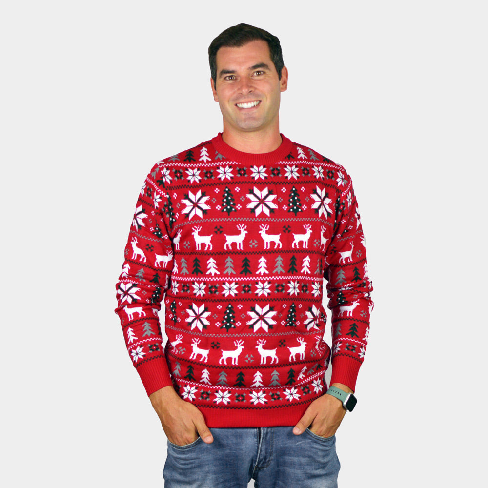 Mens Red Couple's Ugly Christmas Sweater with Reindeers, Trees and Polar Star