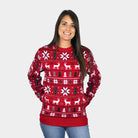 Womens Red Couple's Ugly Christmas Sweater with Reindeers, Trees and Polar Star