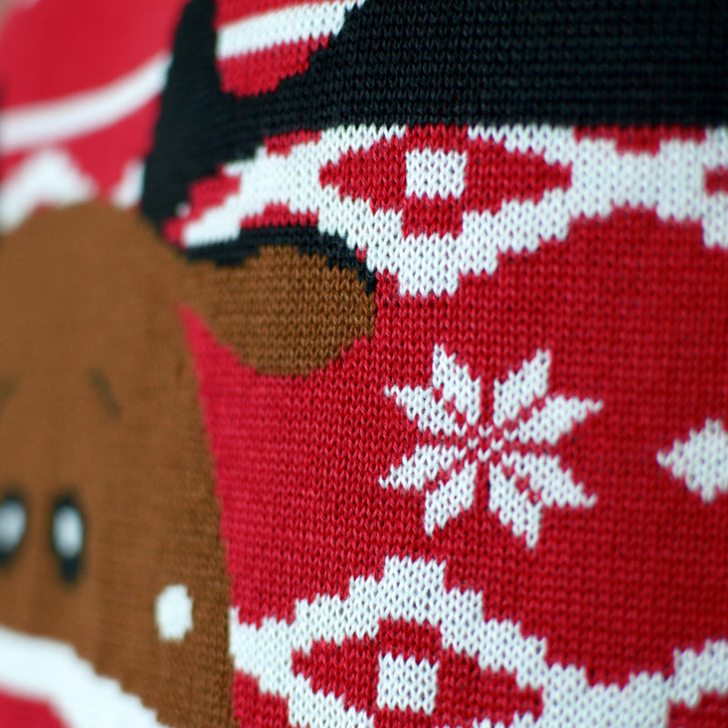 detail Red Couple's Ugly Christmas Sweater with Rudolph the Happy Reindeer