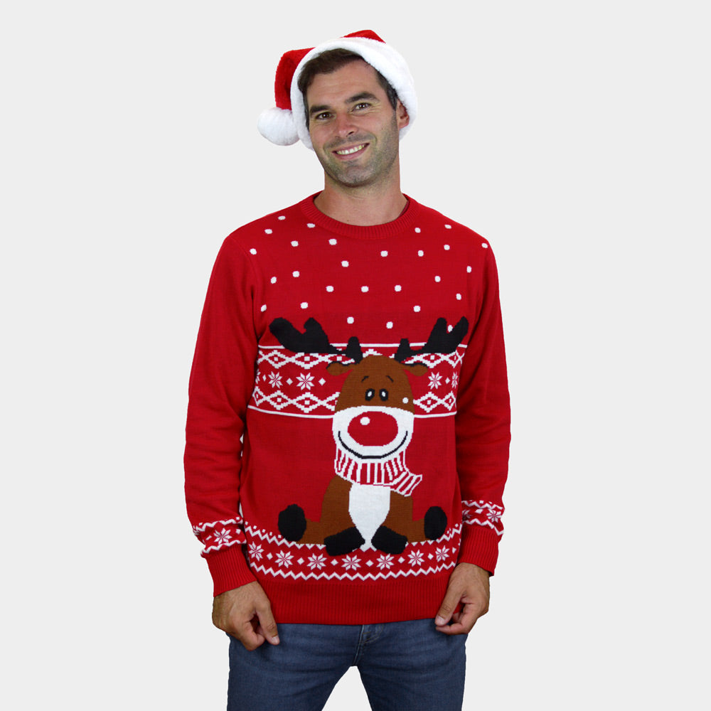 mens Red Couple's Ugly Christmas Sweater with Rudolph the Happy Reindeer