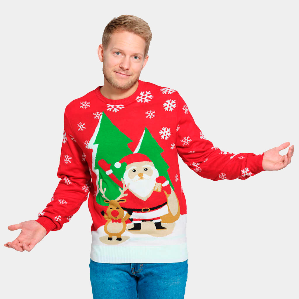 Red Couple's Ugly Christmas Sweater with Santa and Reindeer Greeting mens