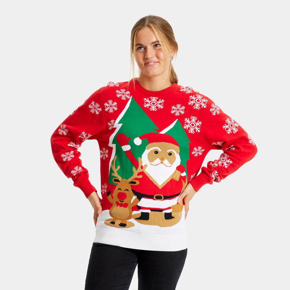 Womens Red Couple's Ugly Christmas Sweater with Santa and Reindeer Greeting