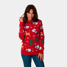 Womens Red Couple's Ugly Christmas Sweater with Santa, Trees and Snowmens