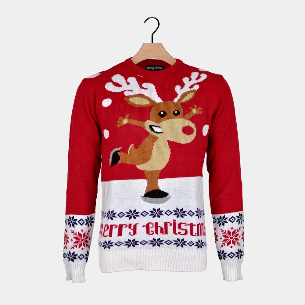 Red Couple's Ugly Christmas Sweater with Skating Reindeer