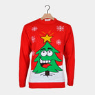 Red Couple's Ugly Christmas Sweater with Smiling Christmas Tree