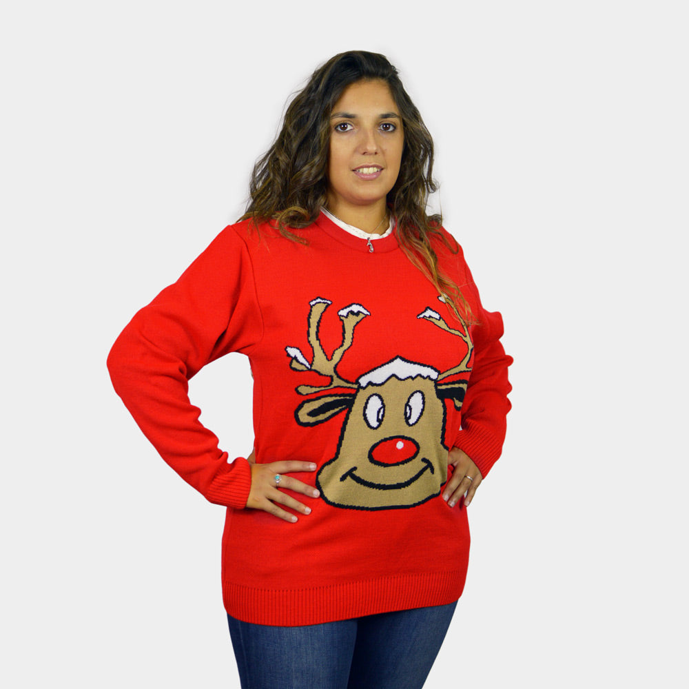 Red Couple's Ugly Christmas Sweater with Smiling Reindeer womens