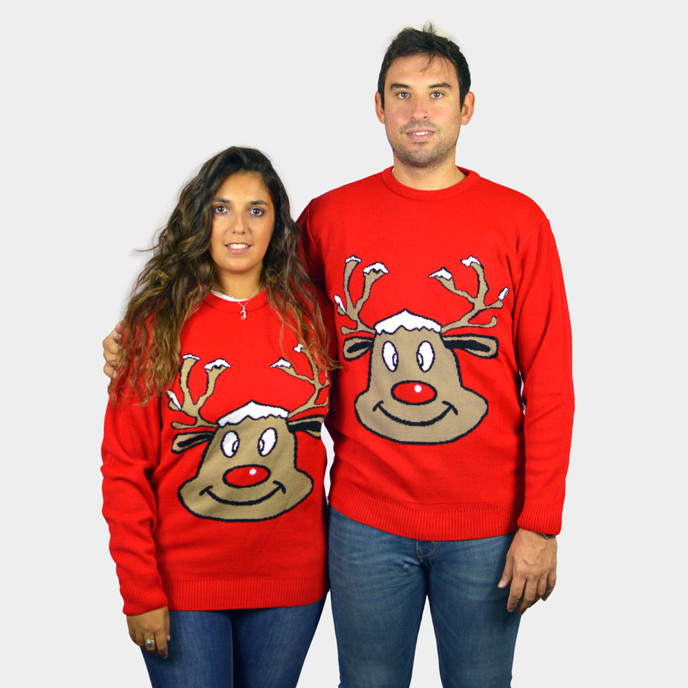 Red Couple's Ugly Christmas Sweater with Smiling Reindeer