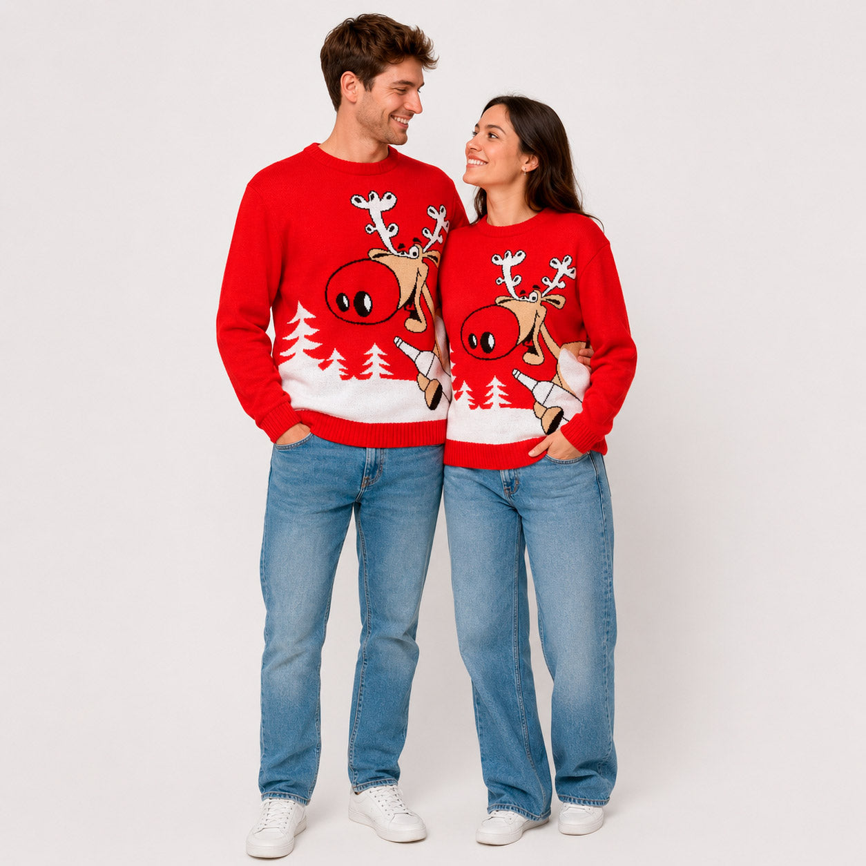 Red Family Ugly Christmas Sweater Reindeer with a Beer Couple
