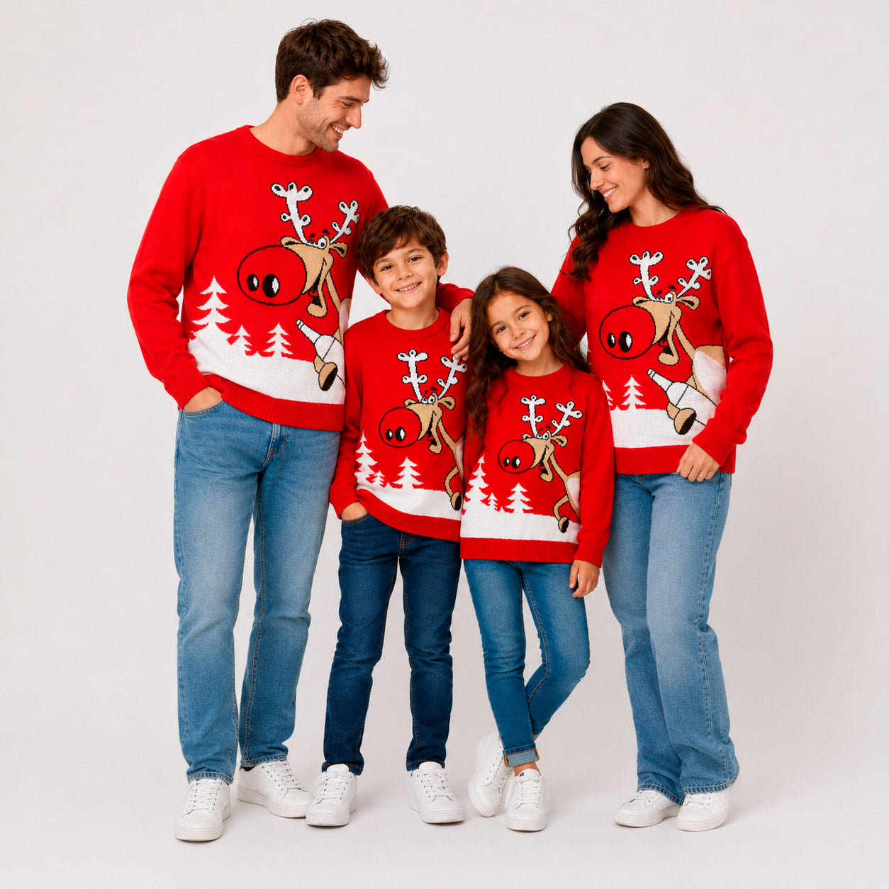Red Family Ugly Christmas Sweater Reindeer with a Beer
