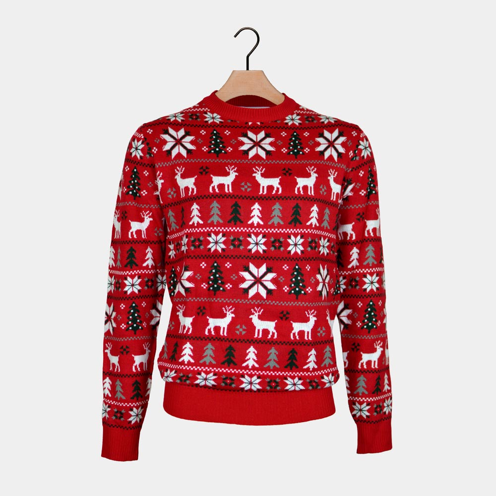 Red Family Ugly Christmas Sweater with Reindeers, Trees and Polar Star
