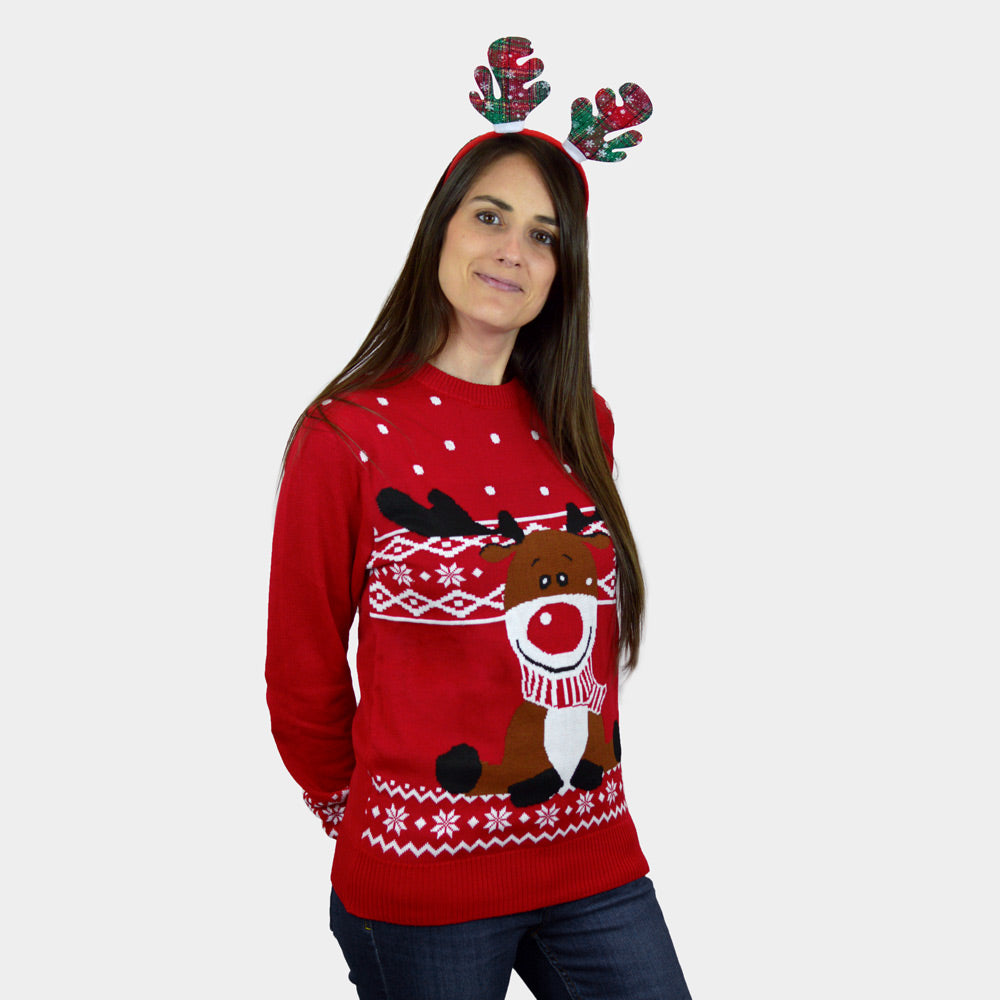 Red Family Ugly Christmas Sweater with Rudolph the Happy Reindeer womens