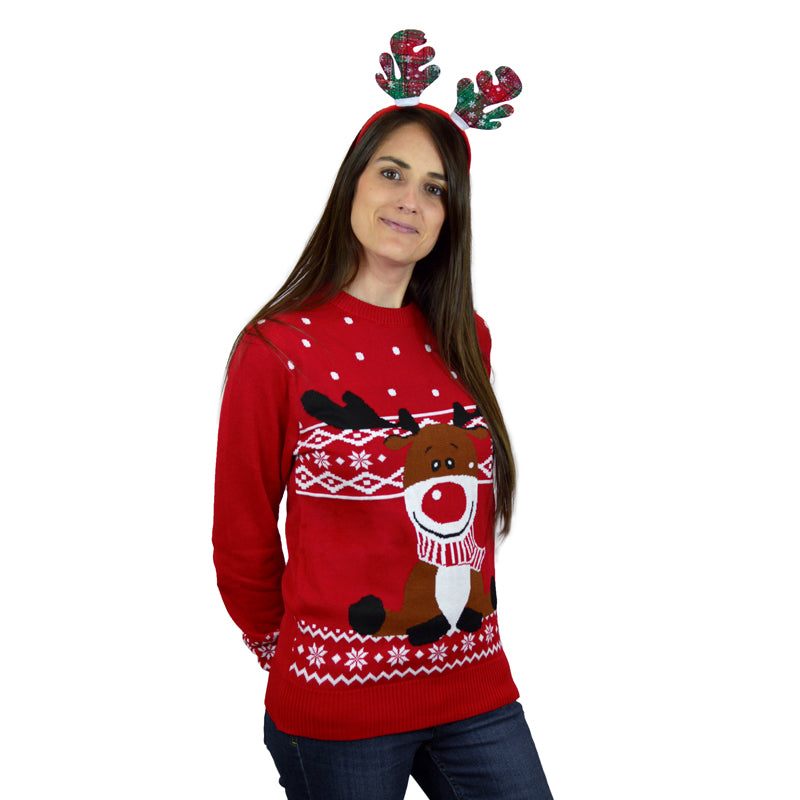 Red Family Ugly Christmas Sweater with Rudolph the Happy Reindeer womens