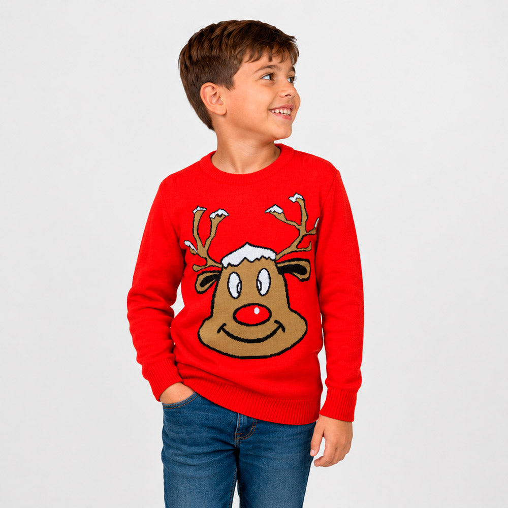 Red Family Ugly Christmas Sweater with Smiling Reindeer Boy
