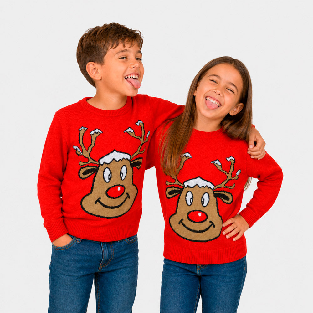 Red Family Ugly Christmas Sweater with Smiling Reindeer children
