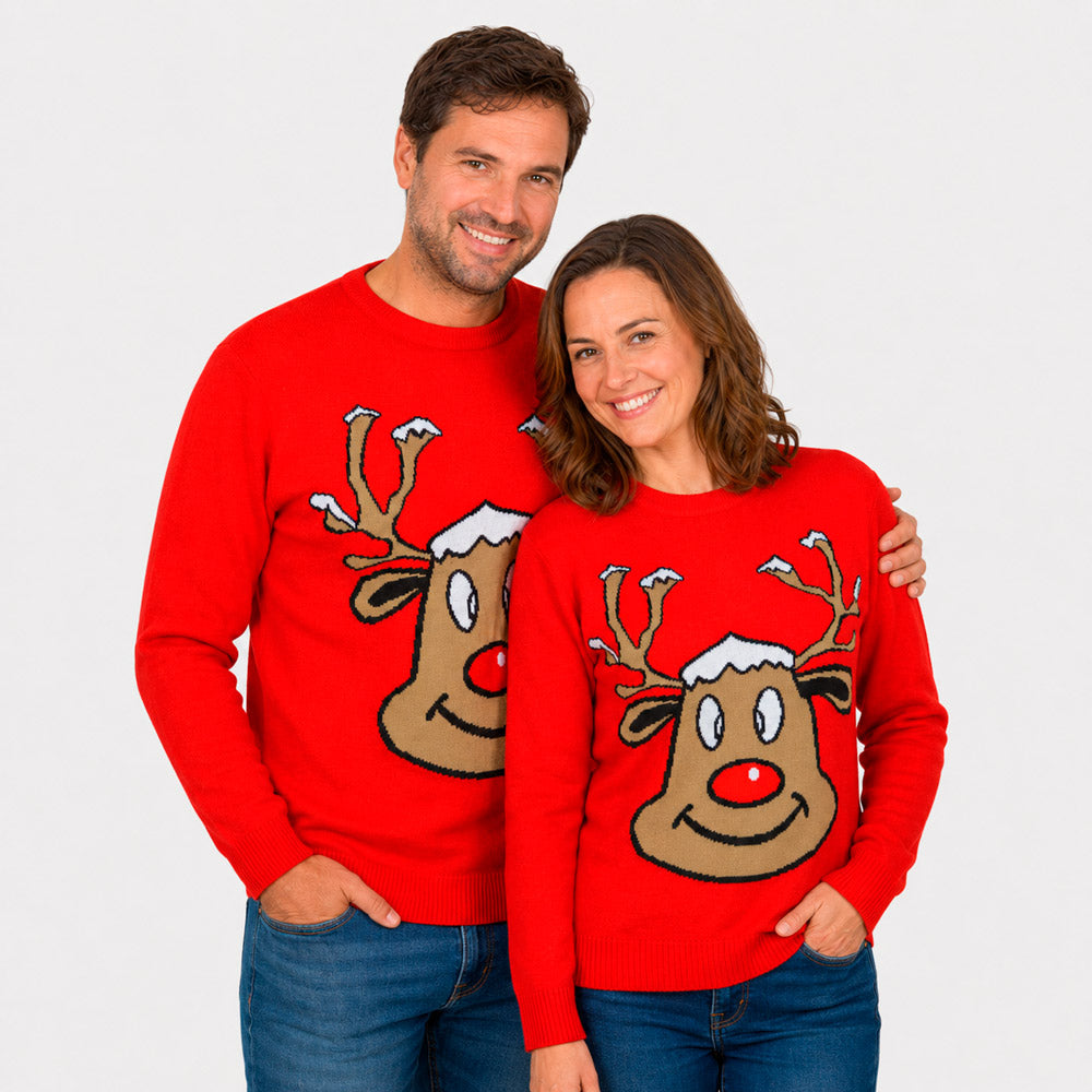 Red Family Ugly Christmas Sweater with Smiling Reindeer Couple
