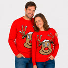 Red Family Ugly Christmas Sweater with Smiling Reindeer Couple
