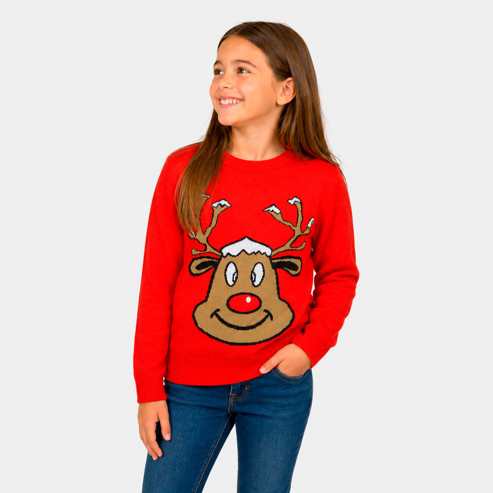 Red Family Ugly Christmas Sweater with Smiling Reindeer Girl