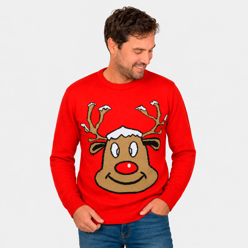 Red Family Ugly Christmas Sweater with Smiling Reindeer Men
